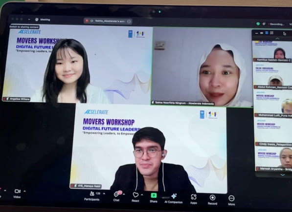 Video call of the Movers Workshop, Digital Future Leaders, with young participants on screen.